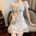 Puff-sleeve Tie Neck Floral Dress