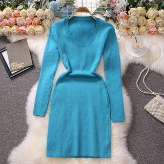 Long-sleeve Scoop-neck Knit Sheath Dress