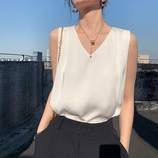 Sleeveless V-neck Plain Satin Top