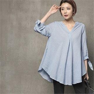 Mandarin-collar Linen Blend Blouse
