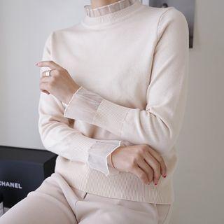 Frilled Tulle-detail Knit Top