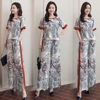 Set: Printed Short-sleeve T-shirt + Wide-leg Pants