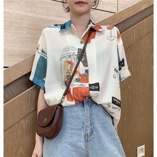 Elbow-sleeve Printed Chiffon Shirt White - One Size
