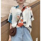 Elbow-sleeve Printed Chiffon Shirt White - One Size