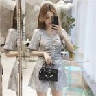 Linen Blend Shirred Check Mini Dress