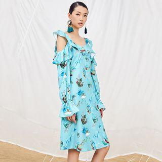 Long-sleeve Cutout Printed A-line Dress