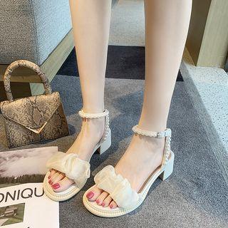 Chunky Heel Shirred Faux Pearl Sandals