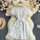 Off-shoulder Puff-sleeve Lace-up Strap Lace Dress