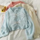 Mesh Ribbon-accent Button-up Light Knit Top In 5 Colors