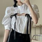 Puff-sleeve Cut-out Ribbon Shirt White - One Size