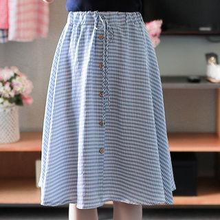 Drawstring-waist Gingham Midi Skirt