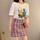 Short-sleeve Printed T-shirt / Mini A-line Plaid Skirt