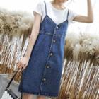 Single-breasted Denim Mini A-line Overall Dress