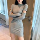 Long-sleeve Cutout Mock-neck Mini Bodycon Dress