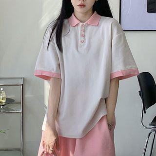 Short-sleeve Two Tone Polo Shirt Polo Shirt - White - One Size