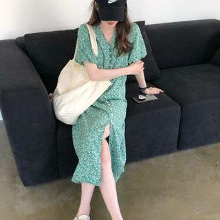 Floral Short-sleeve Midi A-line Dress Floral - Green - One Size