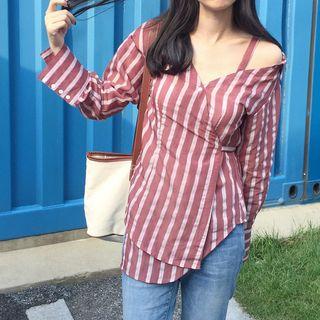 One-shoulder Striped V-neck Blouse