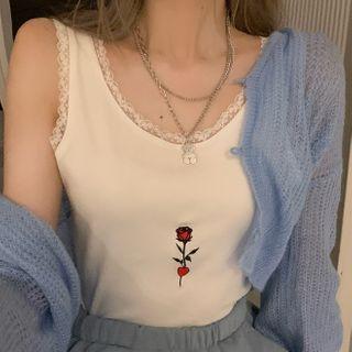 Embroidered Lace Trim Crop Tank Top White - One Size