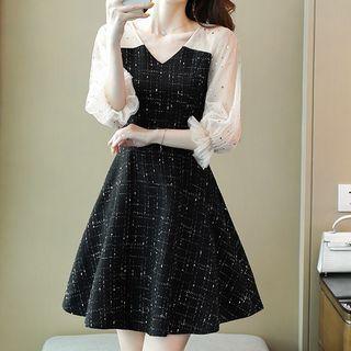 3/4-sleeve Two-tone Mesh A-line Mini Dress