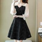 3/4-sleeve Two-tone Mesh A-line Mini Dress