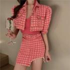 V-neck Knit Cropped Top / Houndstooth Cropped Jacket / Houndstooth Skirt