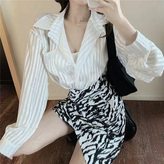 Striped Blouse / Zebra Print Mini Pencil Skirt