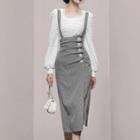 Set: Long-sleeve Eyelet Lace Blouse + Midi Suspender Skirt
