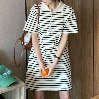 Short-sleeve Half-zip Striped A-line Polo Dress