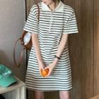 Short-sleeve Half-zip Striped A-line Polo Dress