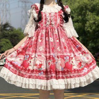 Spaghetti Strap Print Lolita Dress / Elbow-sleeve Blouse / Headband