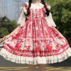 Spaghetti Strap Print Lolita Dress / Elbow-sleeve Blouse / Headband