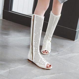 Faux Leather Peep-toe Laser Cut Knee-high Boots