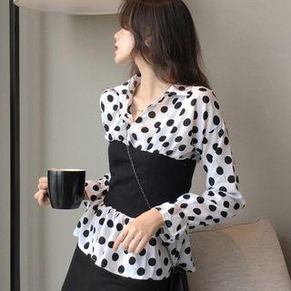 Tie Waist Dotted Chiffon Shirt Black Dotted - White - One Size