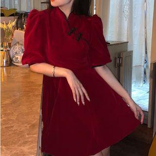 Puff-sleeve Frog-button Mini A-line Dress