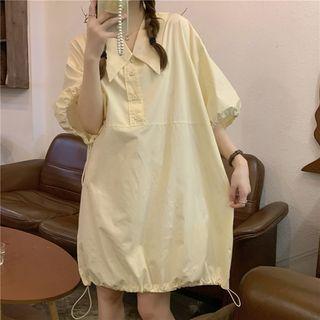 Puff-sleeve Plain Drawstring Shirtdress
