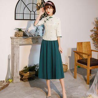 Set: Patterned 3/4-sleeve Qipao Top + Midi A-line Skirt