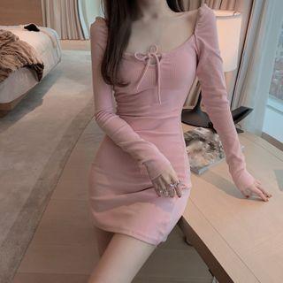 Long-sleeve Lace-up Plain Dress