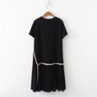 Short-sleeve Contrast Trim Midi A-line Dress Black - One Size