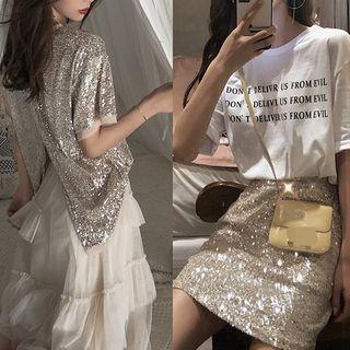 Short-sleeve Sequined T-shirt / Mini Skirt