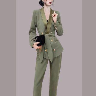 Set: Tie-waist Double-breasted Jacket + Straight Leg Pants