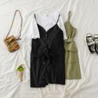 Short Sleeve Plain T-shirt / Tie-waist Buttoned Spaghetti-strap Dress
