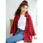 Plaid Long Sleeve Blouse Red - One Size
