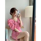Puff-sleeve Buttoned V-neck Mini Sheath Dress