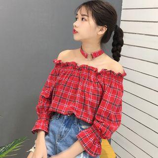 Plaid 3/4-sleeve Off-shoulder Top