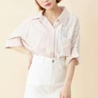 Striped Elbow-sleeve Shirt Pink - One Size