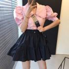 Drawstring-waist Mini A-line Skirt / Ruffle Trim Puff-sleeve Blouse