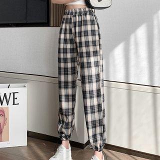 Plaid Drawstring-cuff High-waist Straight-leg Pants