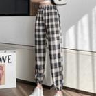Plaid Drawstring-cuff High-waist Straight-leg Pants