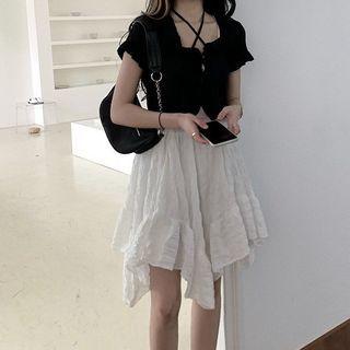 Camisole Top / Short-sleeve Cross Strap Knit Top / Shirred Asymmetric A-line Skirt