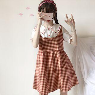 Mock Two Piece Short-sleeve Plaid A-line Dress